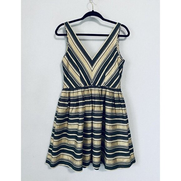 J Crew Womens 6 Fit and Flare Dress Black Gold Striped Lined Pockets Style 43721 - Picture 5 of 9